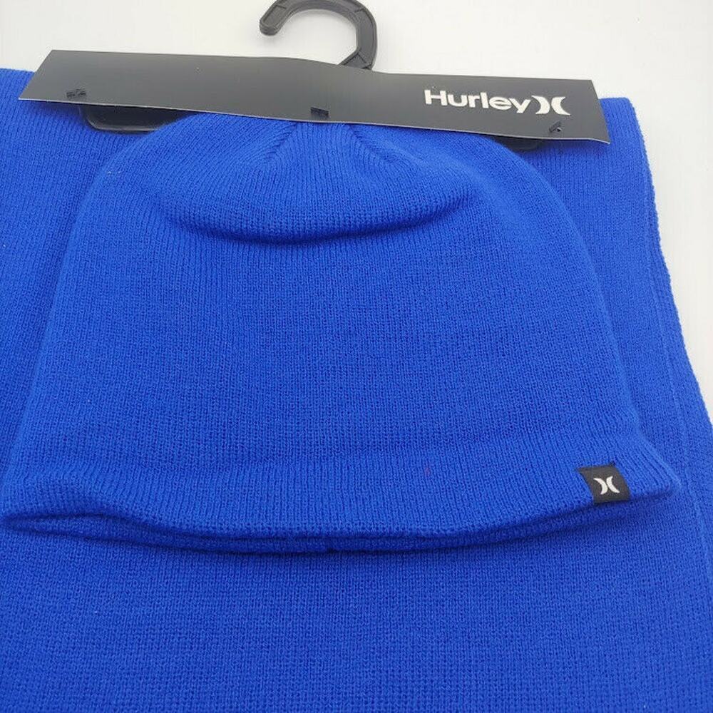 NEW Hurley Men's New Yorker Beanie & Scarf 2 Piece Set Blue White Stripe OS - Picture 2 of 5